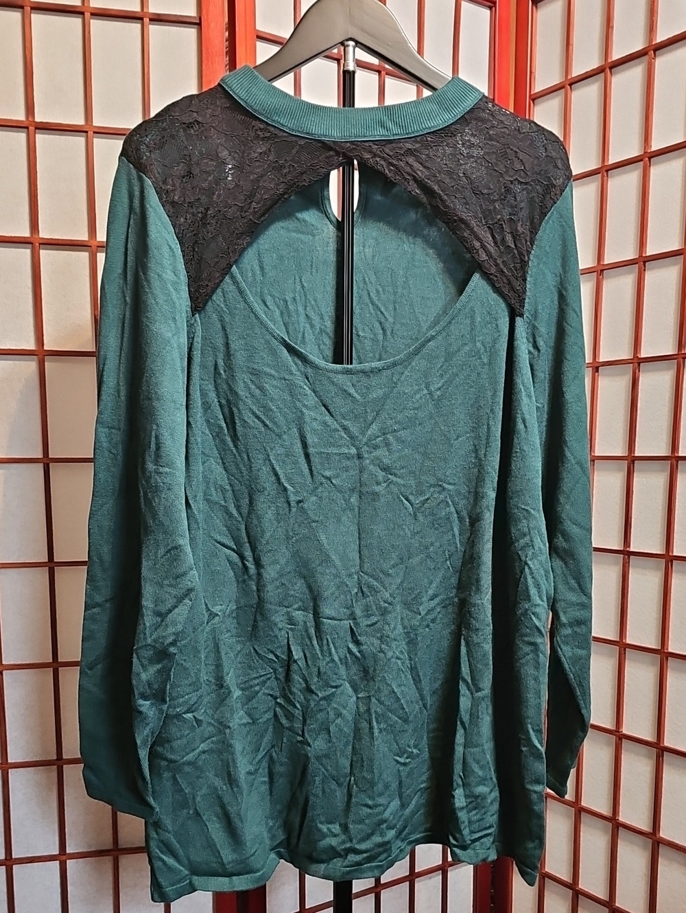 TORRID Dark Green Long Sleeve Top with Black Lace Yoke